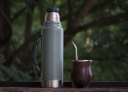 A selective focus shot of a  calabash mate cup with straw - yerba mate tea infusion